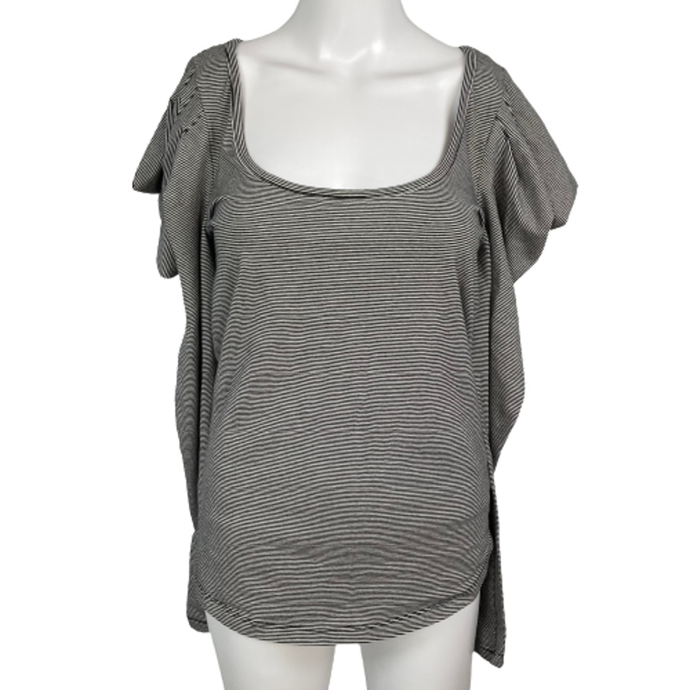 Free People Shirt Womens Sz M Black White Striped Cotton Puff Sleeve Tee Stretch